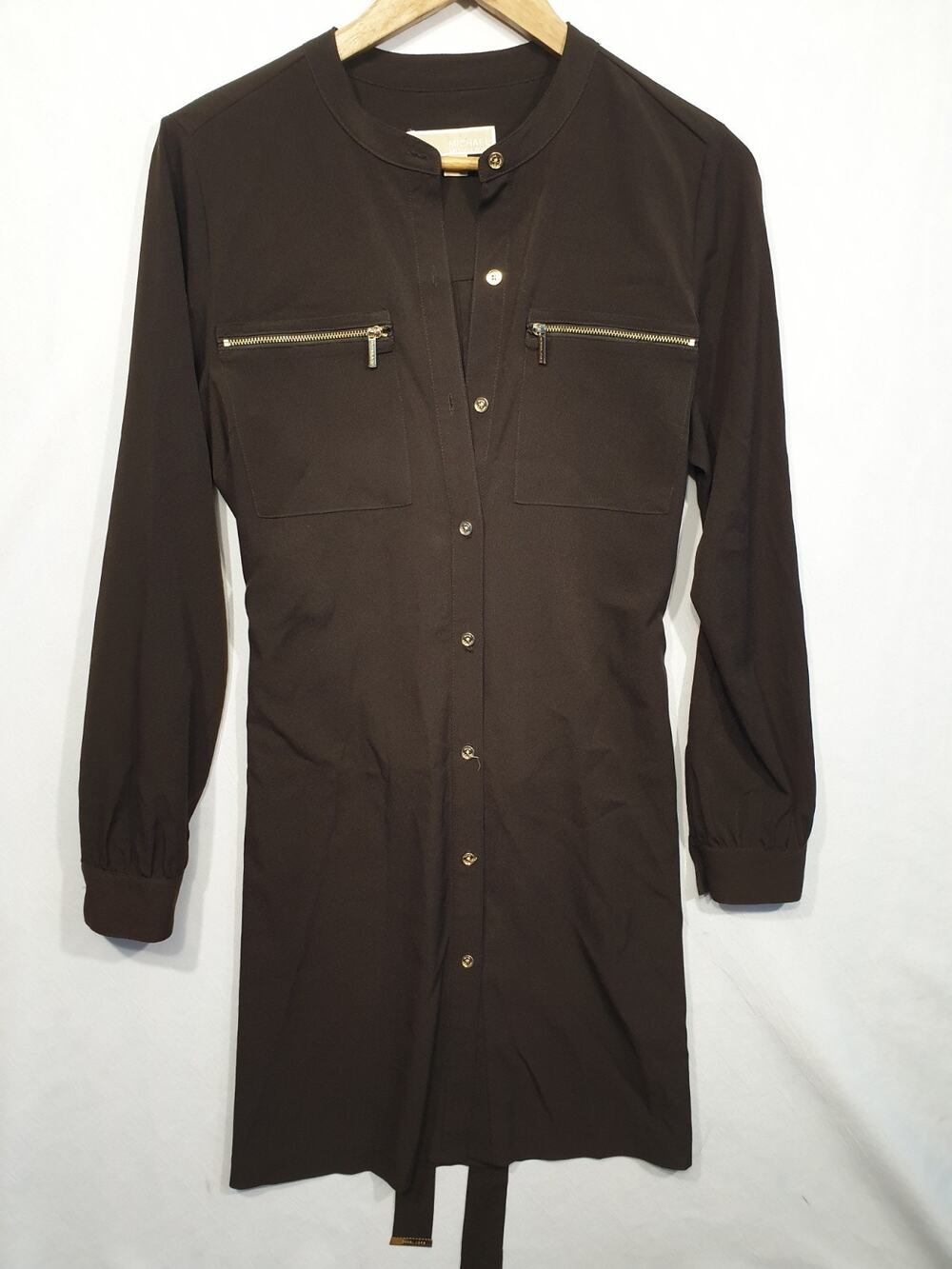 Michael Kors Brown Utility Shirt Dress Gold Zippers Button Front Safari Size 6